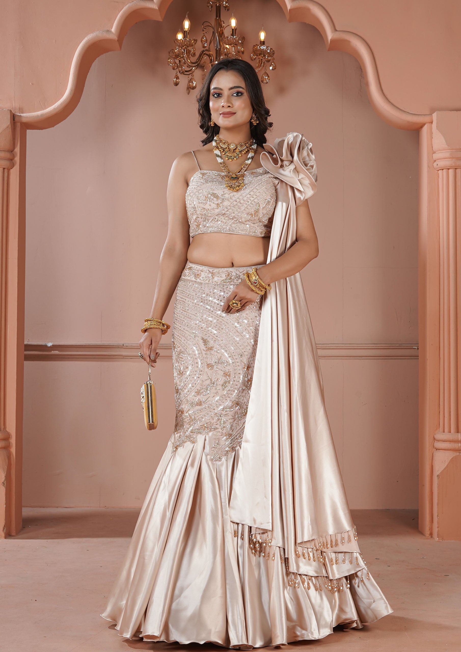 Rose Gold Shattering Silk Lehenga Choli with Cut Dana work and Draped Dupatta